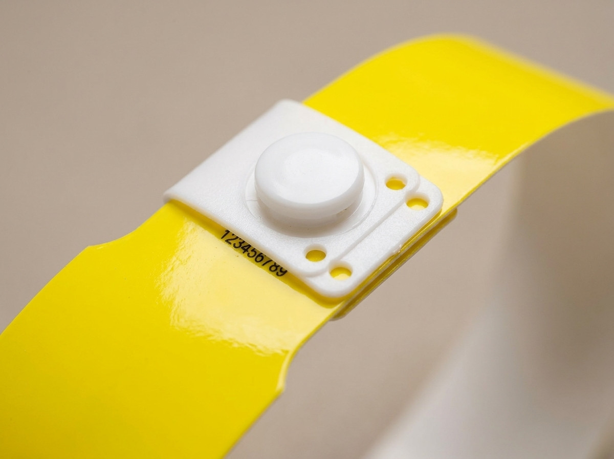 Close-up of a yellow PVC vinyl wristband with a plastic snap closure